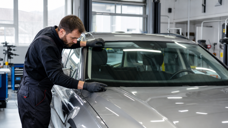 Technik kontroluje čelní sklo automobilu v odborném servisu